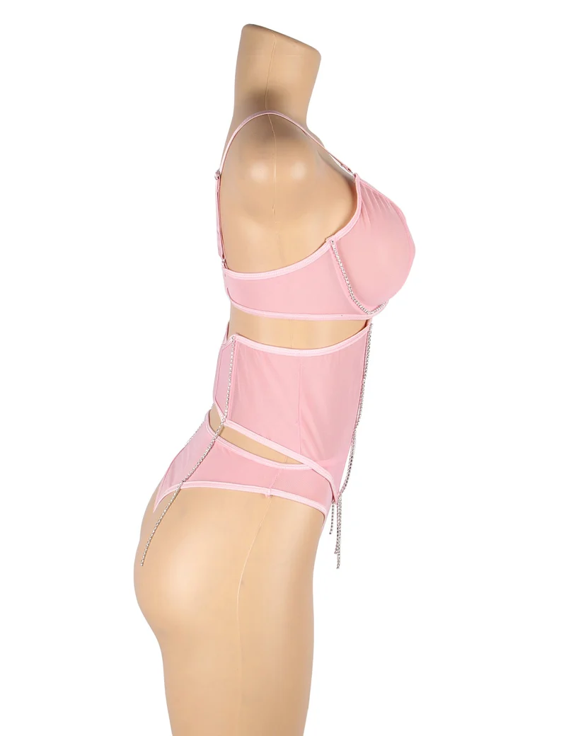 Dessous-Set aus rosafarbenem Mesh mit Strasssteinen – Bügel- und Stäbchen-BH