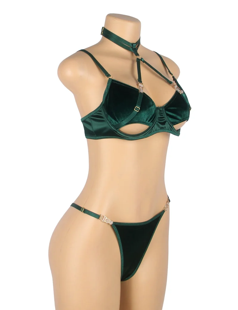 Grünes Samt-Neckholder-BH-Set mit Cut-Outs – mit Bügeln und Metallschnalle