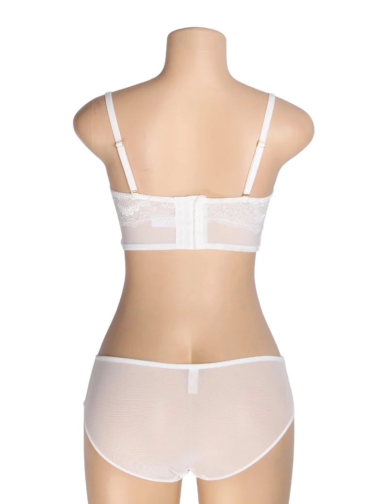 BH-Set aus weißem Mesh und Seidenspitze – mit Bügel, 3D-Spitze und Schleifendetail