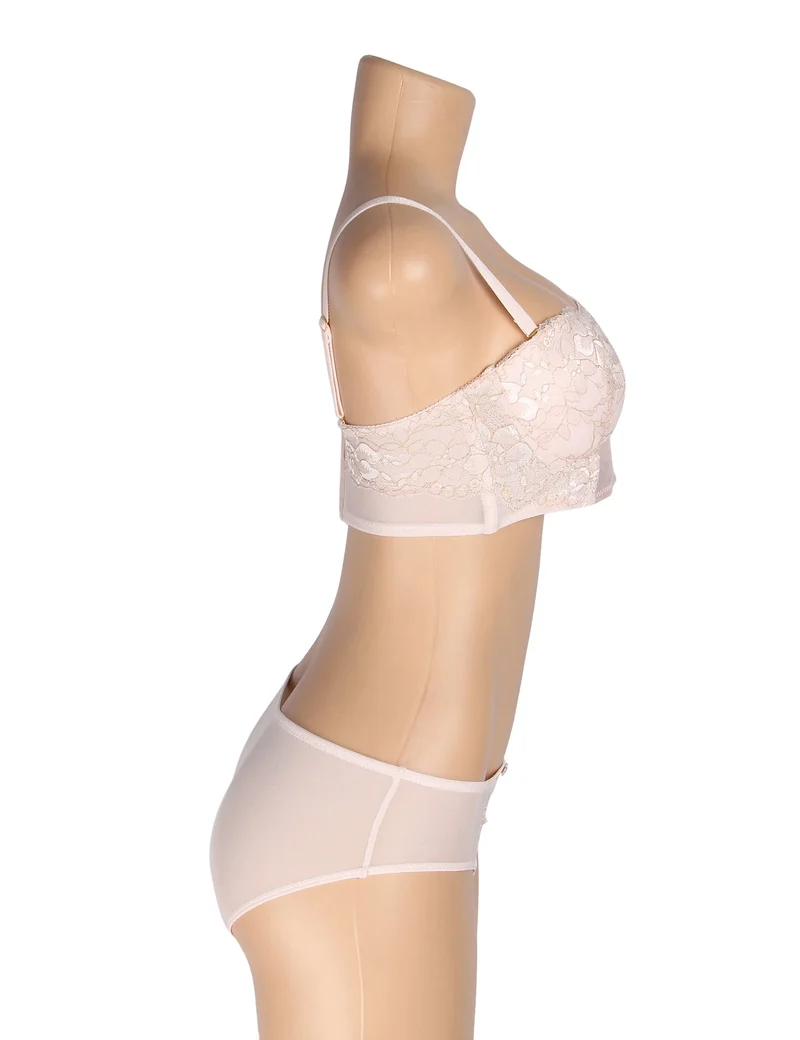 BH-Set aus rosafarbenem Mesh und Seidenspitze – mit Bügel, 3D-Spitze und Schleifenverzierung