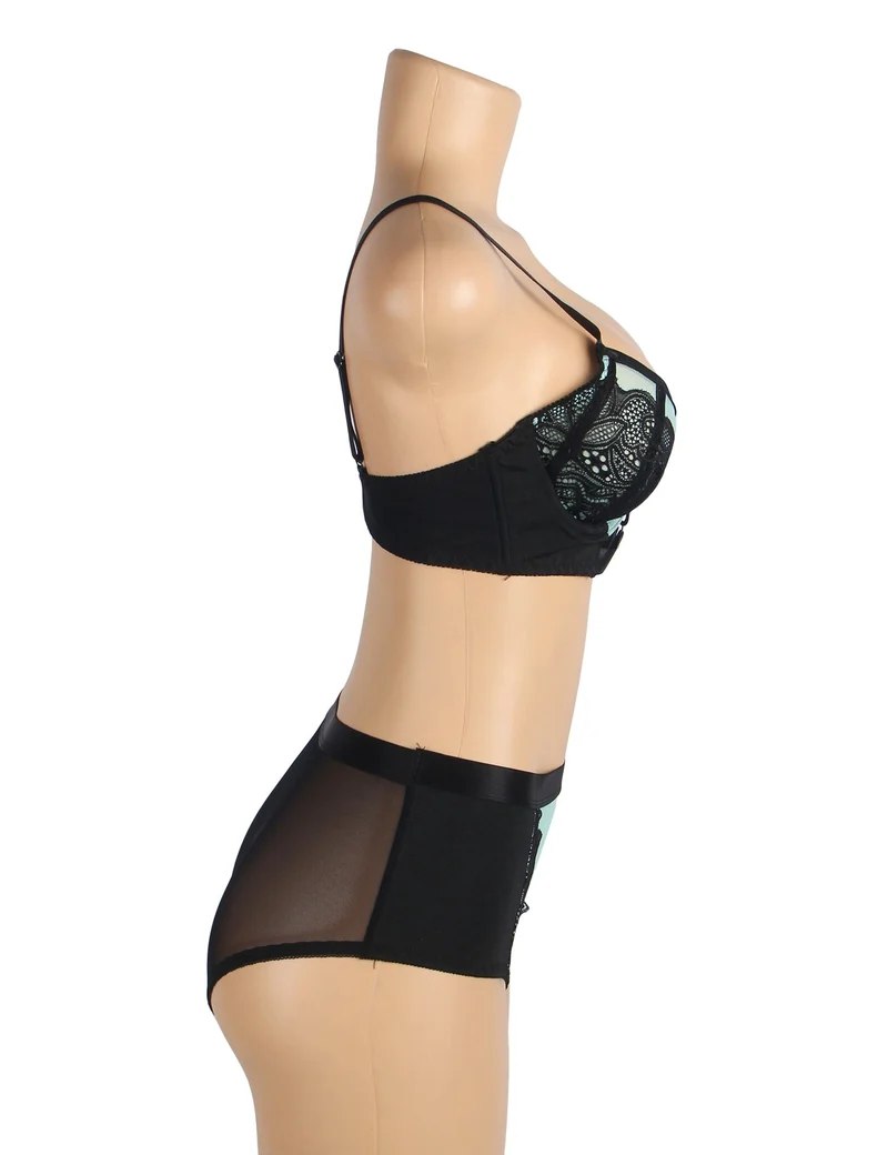 Grünes Push-up-BH-Set aus Spitzenmesh – Strassschnalle & hoher Bund