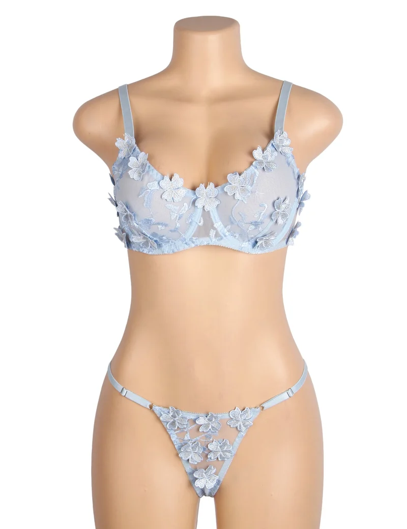 Hellblaues BH-Set mit floraler Netzstickerei – mit Bügel und 3D-Spitze