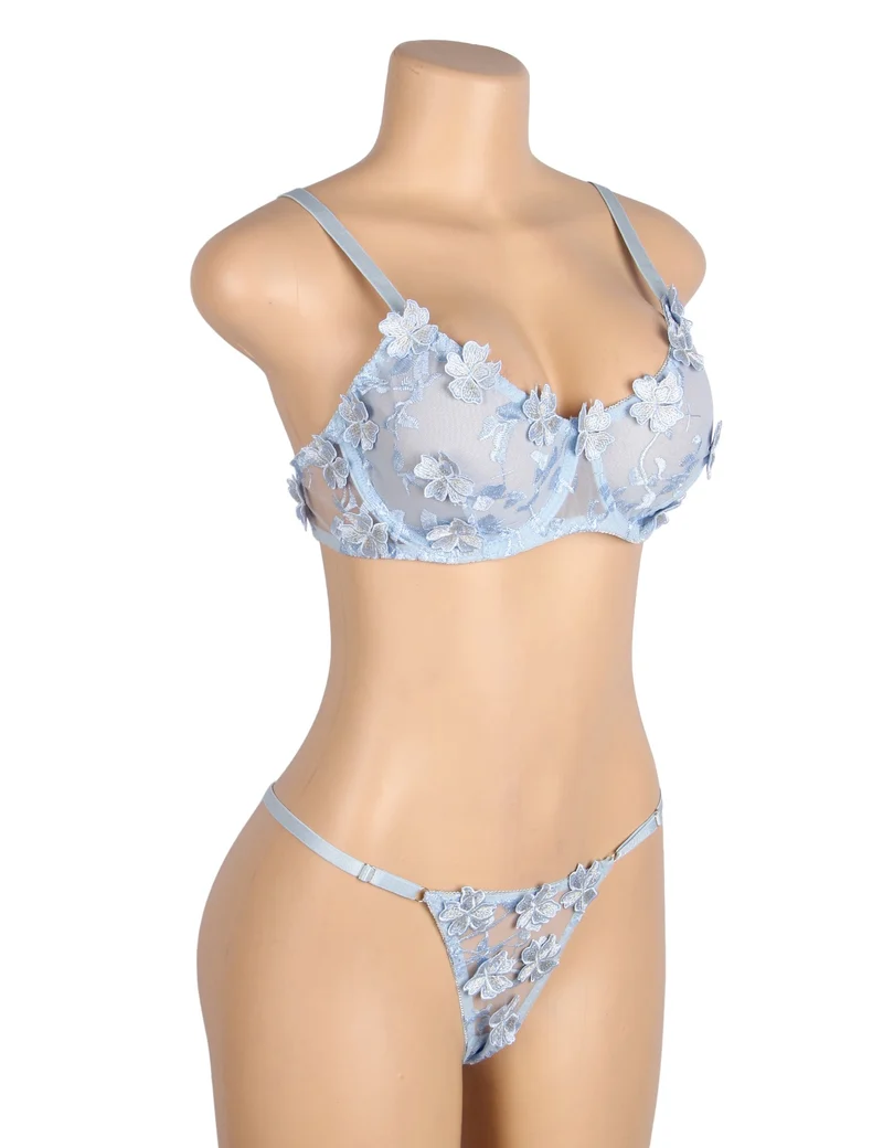 Hellblaues BH-Set mit floraler Netzstickerei – mit Bügel und 3D-Spitze