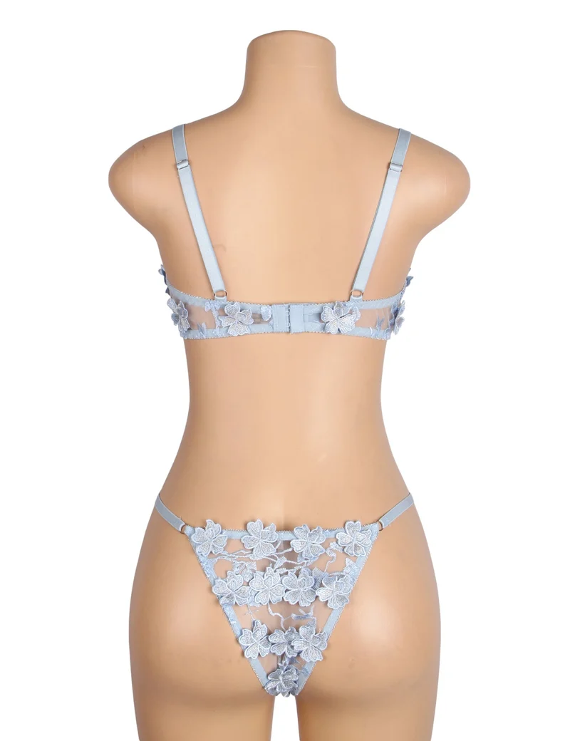 Hellblaues BH-Set mit floraler Netzstickerei – mit Bügel und 3D-Spitze