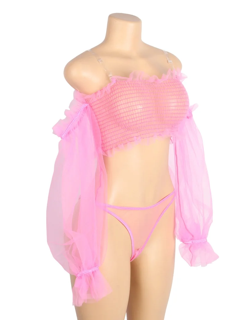 Pinkfarbenes, durchsichtiges Netz-Dessous-Set – One-Shoulder-Träger & Metallkette