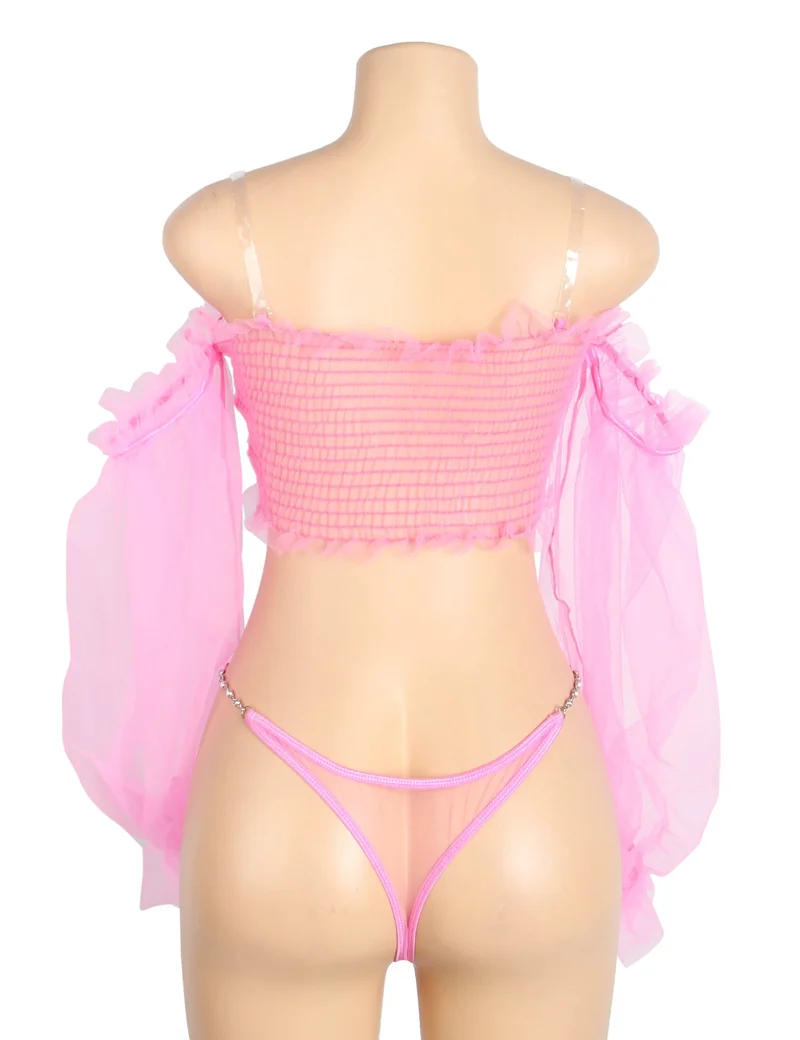 Pinkfarbenes, durchsichtiges Netz-Dessous-Set – One-Shoulder-Träger & Metallkette
