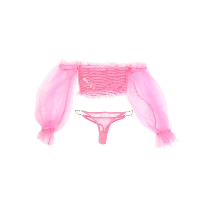Pinkfarbenes, durchsichtiges Netz-Dessous-Set – One-Shoulder-Träger & Metallkette