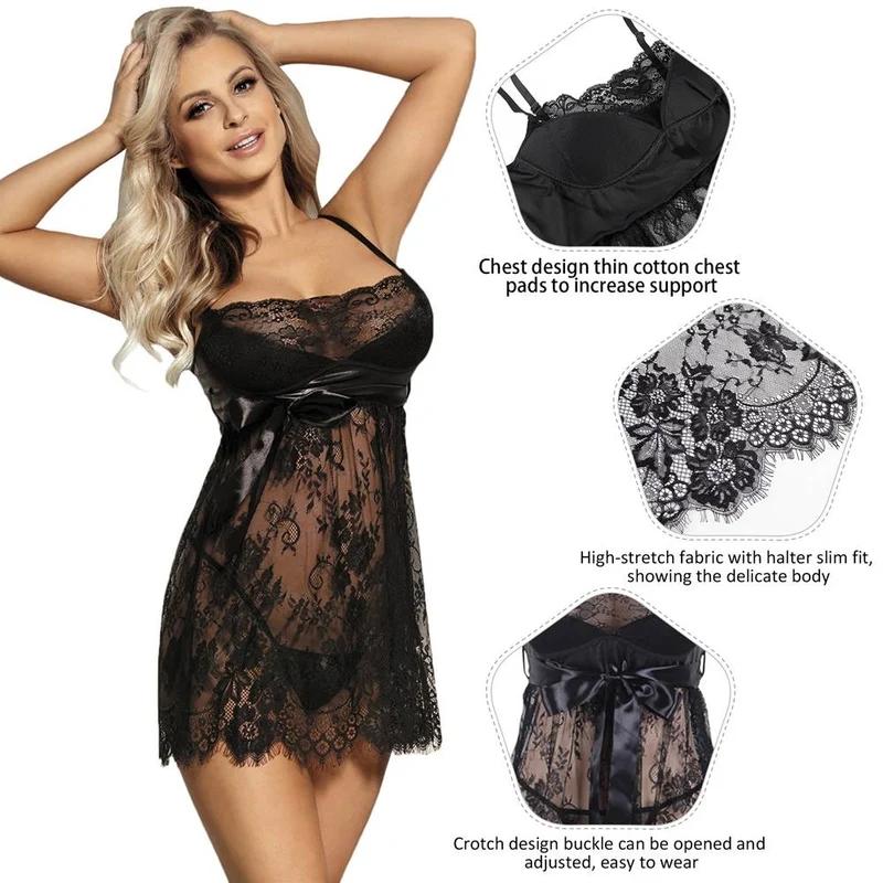 Schwarzes Babydoll- und String-Set mit Wimpernspitze und Polsterung