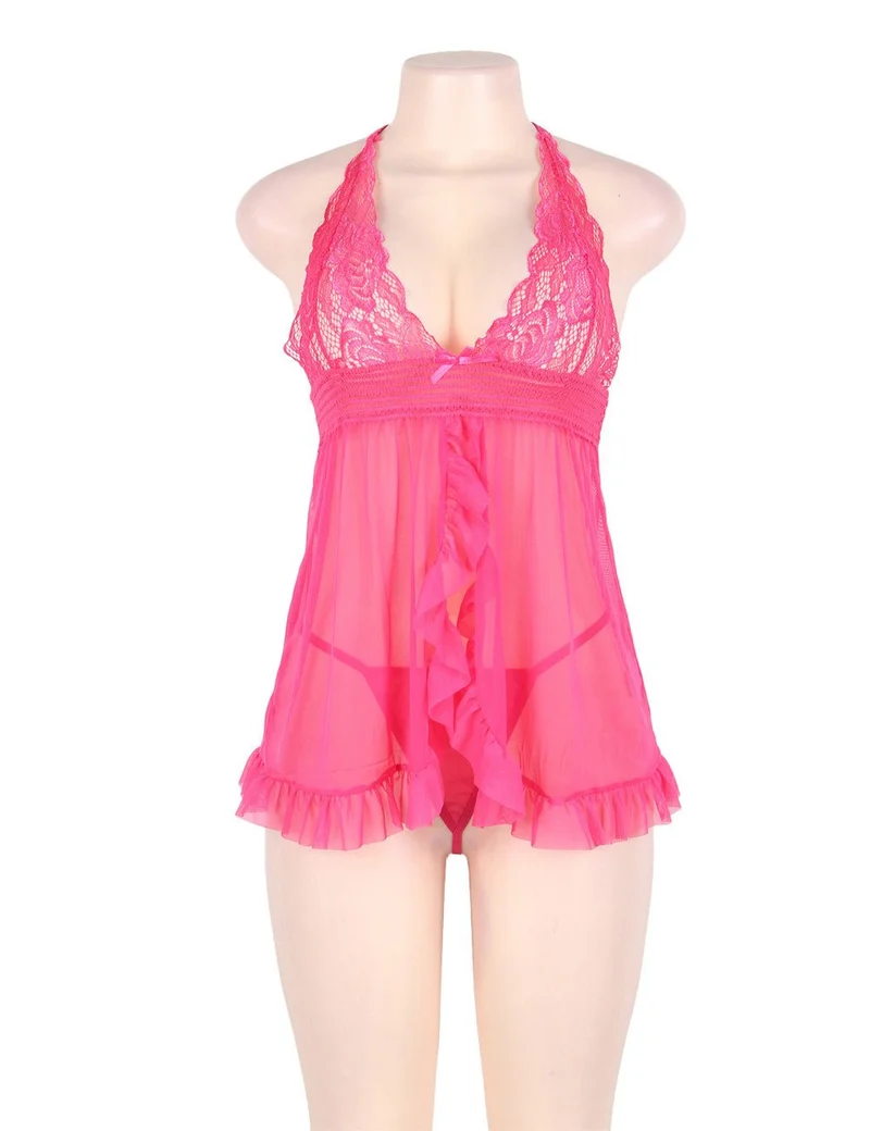Rosa Babydoll- und String-Set aus Mesh mit Rüschen, Schlitz und Spitzenrücken, Neckholder.