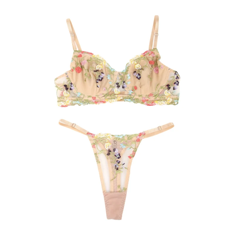Gelbes BH-Set aus Mesh mit Blumenstickerei – mit Bügel und Stretch-Passform
