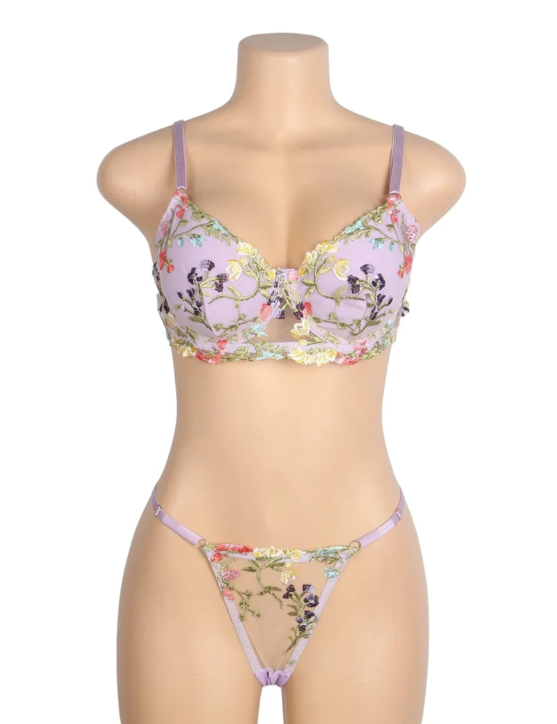 Lila Mesh-BH-Set mit Blumenstickerei – mit Bügel und Stretch-Passform