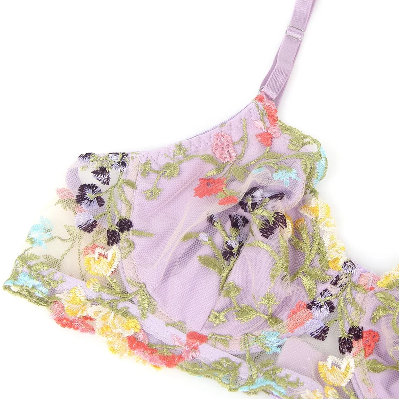 Lila Mesh-BH-Set mit Blumenstickerei – mit Bügel und Stretch-Passform