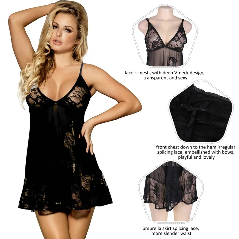 Schwarzes Babydoll- und String-Set mit tiefem V-Ausschnitt, Schmetterlingsspitze und Mesh