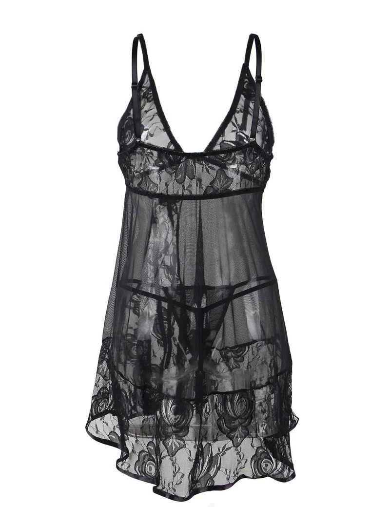 Schwarzes Babydoll- und String-Set mit tiefem V-Ausschnitt, Schmetterlingsspitze und Mesh