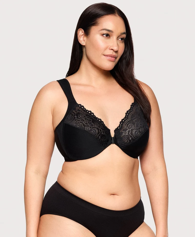 Front-Closure Posture Back WonderWire Lace Bra Black
