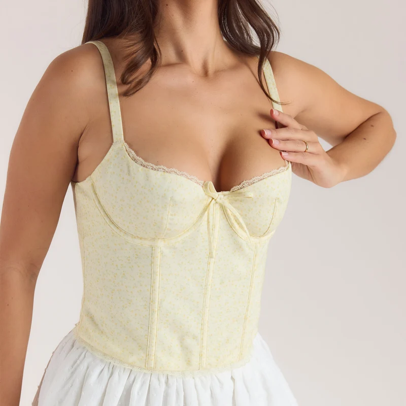 Lace Trim Corset Top - Lemon Floral