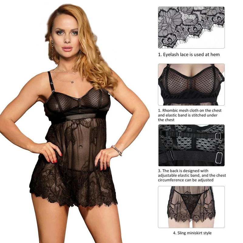 Schwarzes Babydoll-Set aus diamantfarbenem Netzgewebe mit Strumpfhaltern, Wimpernspitzensaum und passendem String.