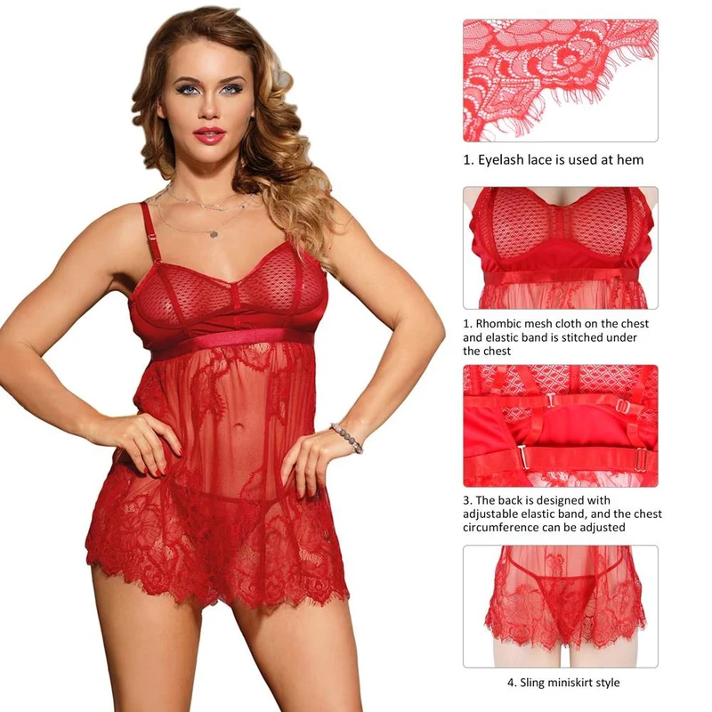 Rotes Babydoll-Set aus diamantfarbenem Netzgewebe mit Strumpfhaltern, Wimpernspitzensaum und passendem String.