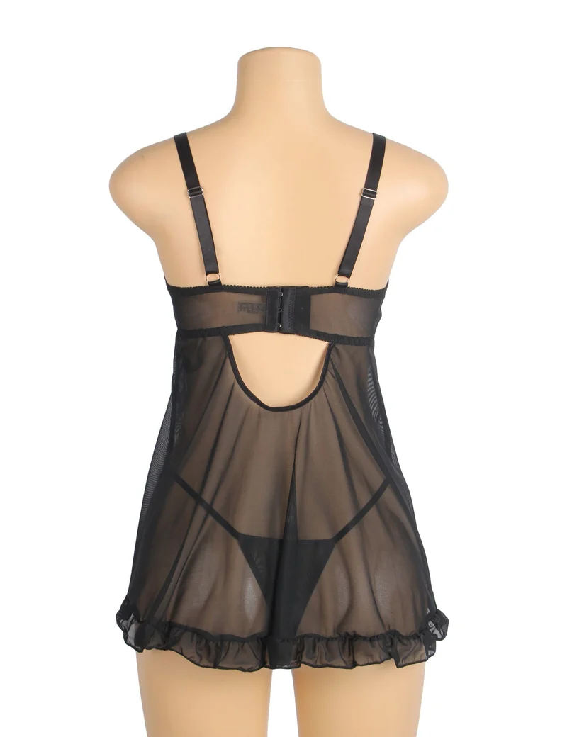 Schwarzes Babydoll aus Netzstoff mit 3D-Blumenstickerei, Schleifenverzierung, Rüschensaum, formgebendem Oberteil und passendem Höschen.