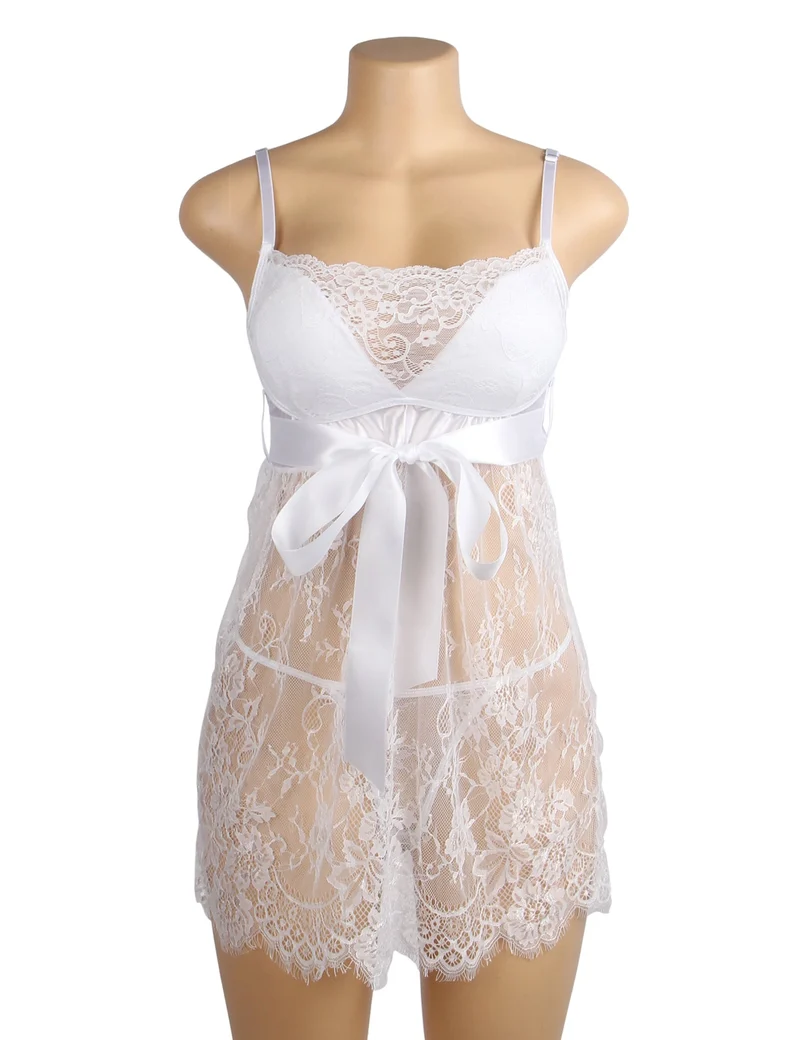 Weißes Babydoll aus Wimpernspitze mit gepolsterten Cups, Wellensaum, Schleife unter der Brust und T-Rücken-Set