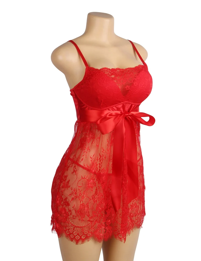 Rotes Babydoll aus Wimpernspitze mit gepolsterten Cups, Wellensaum, Schleife unter der Brust und T-Rücken-Set