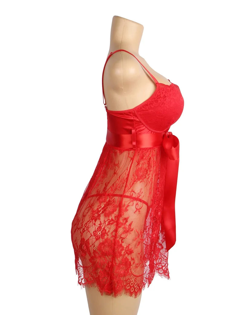 Rotes Babydoll aus Wimpernspitze mit gepolsterten Cups, Wellensaum, Schleife unter der Brust und T-Rücken-Set