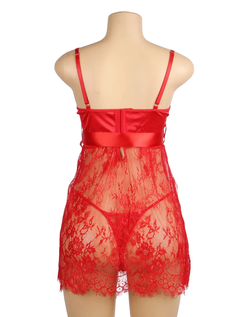 Rotes Babydoll aus Wimpernspitze mit gepolsterten Cups, Wellensaum, Schleife unter der Brust und T-Rücken-Set