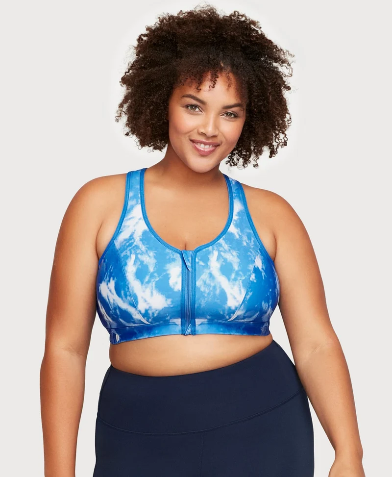 Front-Closure Zip Up Sports Bra Blue Tie-Dye