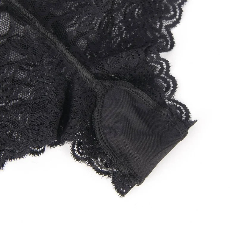 Schwarzer, hochgeschnittener Slip mit floraler Spitze und Trägern – gekreuzte Gummibänder, V-Ausschnitt und gepolsterter Zwickel