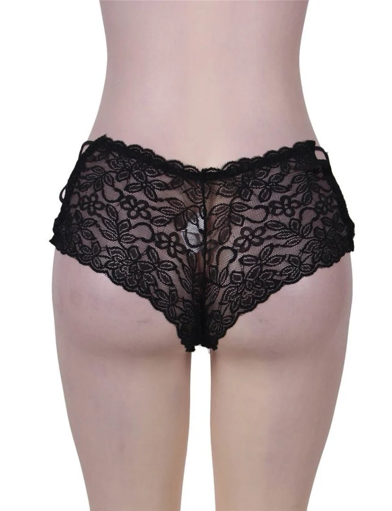 Schwarzer, hochgeschnittener Slip mit floraler Spitze und Trägern – gekreuzte Gummibänder, V-Ausschnitt und gepolsterter Zwickel