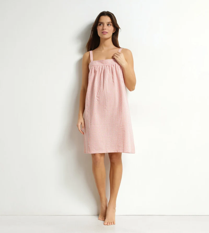 Damen-Nachthemd aus Seersucker mit Vichy-Karomuster Apricot Écru Dim Nightwear