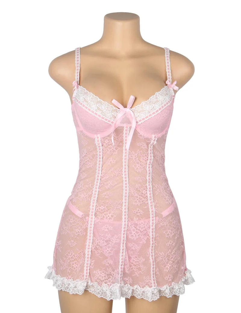 Rosa Babydoll aus Spitze mit Rüschensaum, Bügel-BH, hohlem Rückenausschnitt und Schleife sowie passendem Spitzen-T-Shirt (Set)