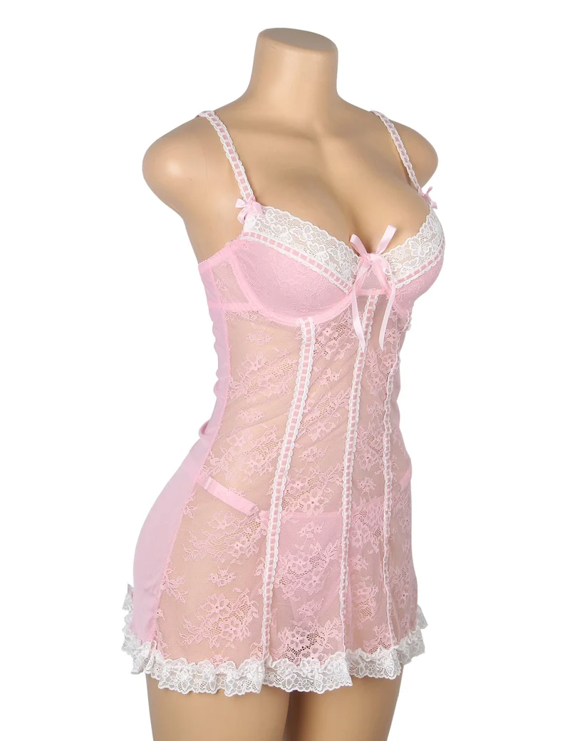 Rosa Babydoll aus Spitze mit Rüschensaum, Bügel-BH, hohlem Rückenausschnitt und Schleife sowie passendem Spitzen-T-Shirt (Set)