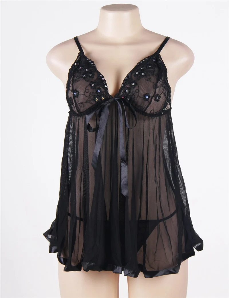 Schwarzes, besticktes Pailletten-Babydoll-Nachthemd aus Mesh – halbtransparent, mit verstellbaren Trägern und passendem String inklusive