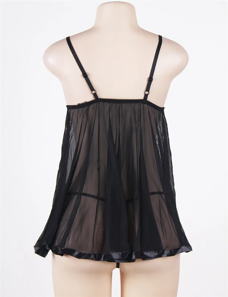 Schwarzes, besticktes Pailletten-Babydoll-Nachthemd aus Mesh – halbtransparent, mit verstellbaren Trägern und passendem String inklusive