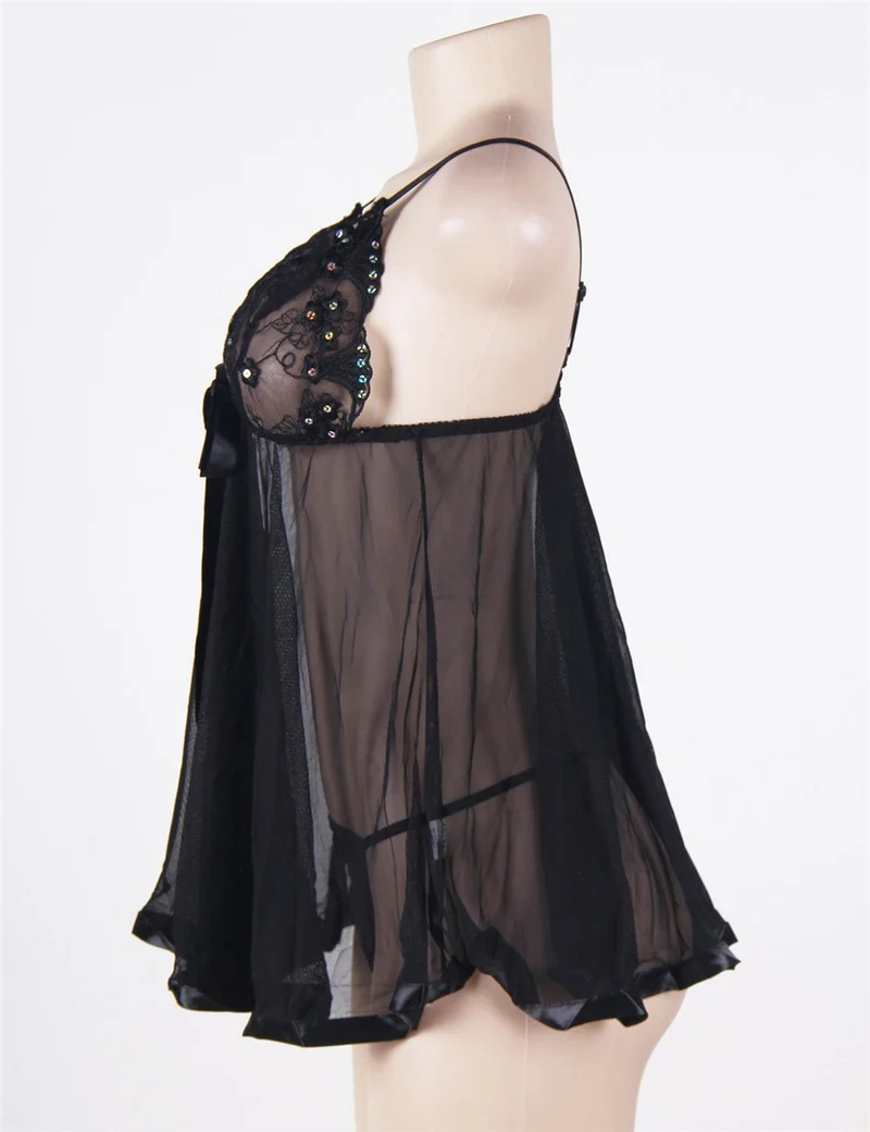 Schwarzes, besticktes Pailletten-Babydoll-Nachthemd aus Mesh – halbtransparent, mit verstellbaren Trägern und passendem String inklusive