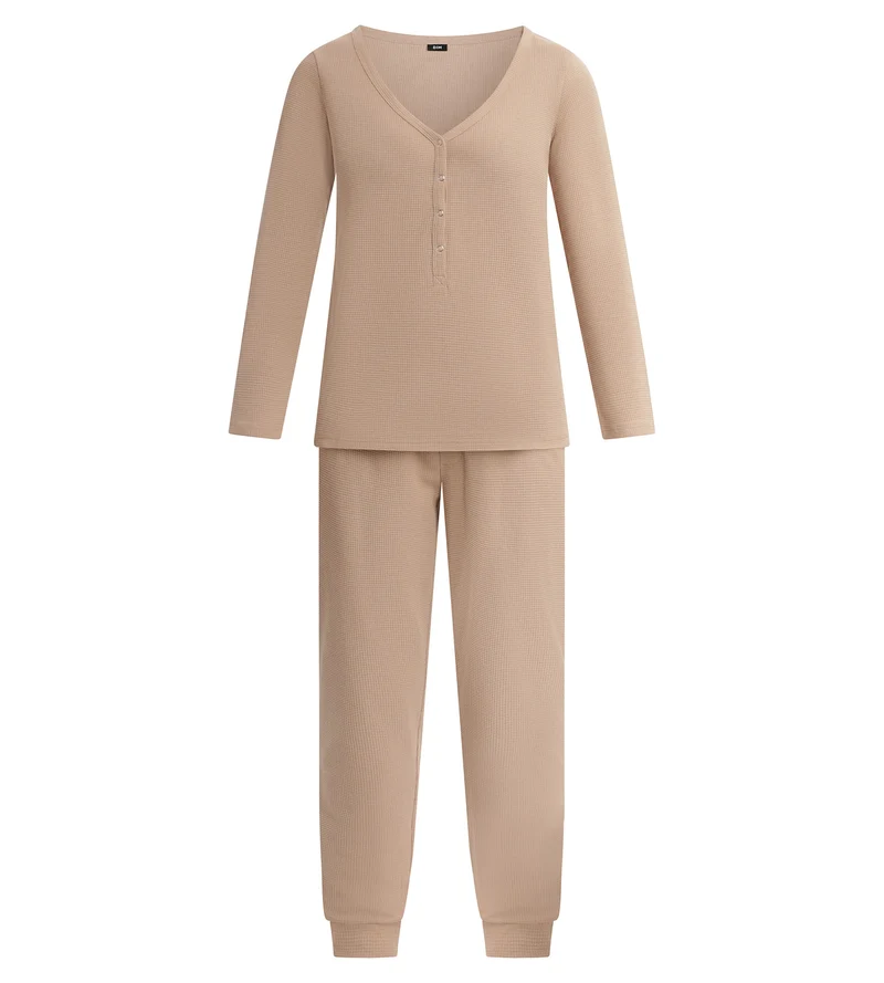 Damen-Pyjama-Set mit V-Ausschnitt aus Jersey in Taupe von Dim Cosy Time