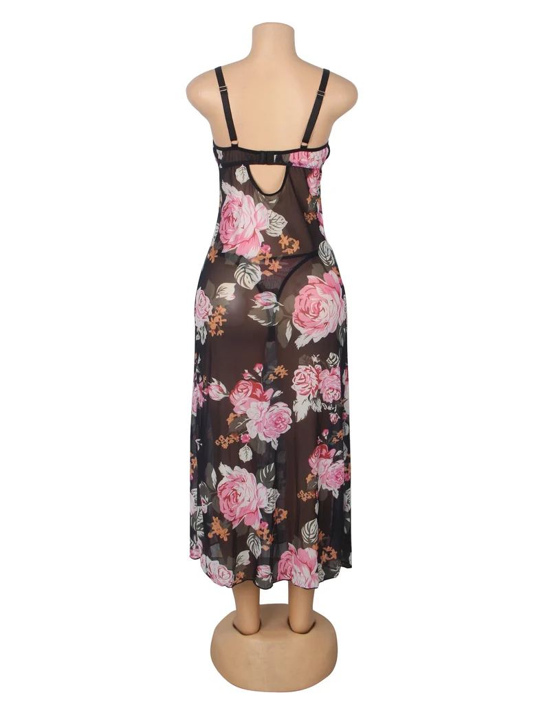 Langes Nachthemd aus floral bedrucktem Mesh und Spitze mit gefüttertem Oberteil, hohem Schlitz vorne, offenem Rücken und T-Rücken-Set