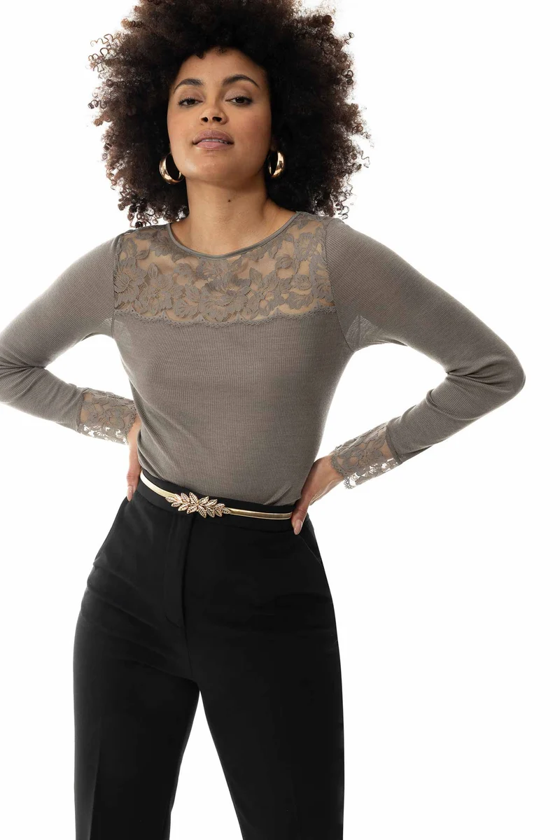Shirt, langarm, mit Spitze, WOOL LOVE