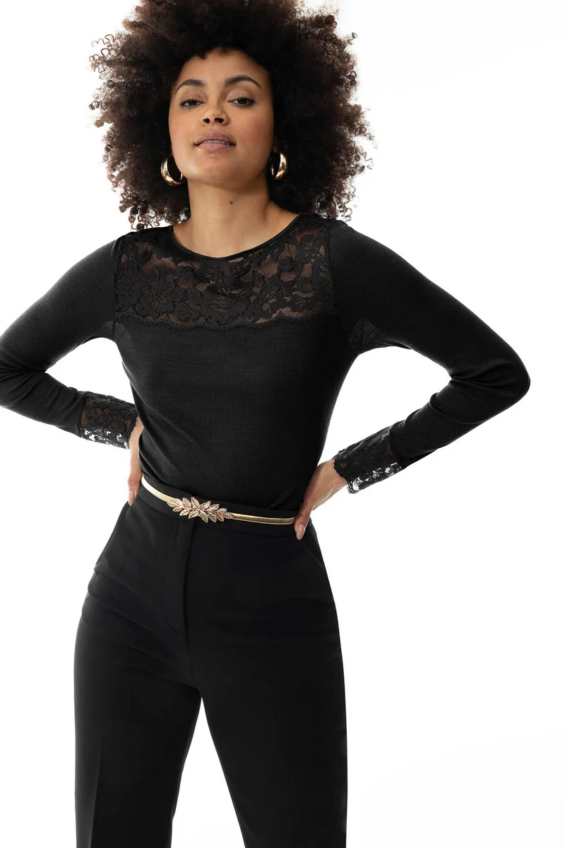 Shirt, langarm, mit Spitze, WOOL LOVE