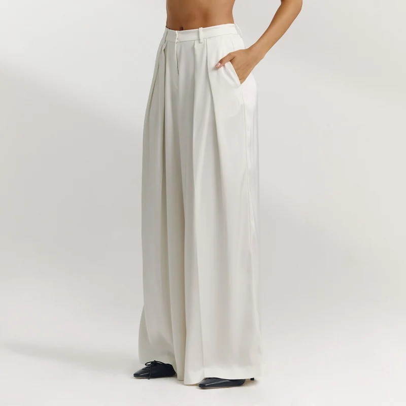 Satin Wide-Leg Trousers - Off White