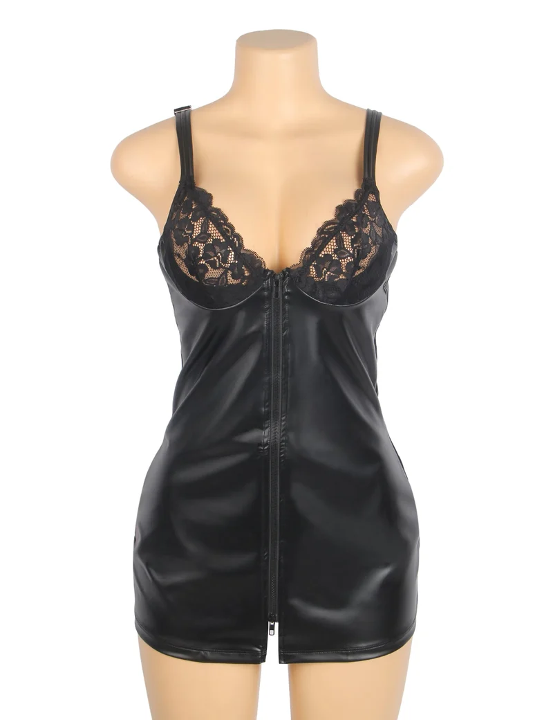 Schwarzes Minikleid aus PU-Leder mit Spitzeneinsatz im Brustbereich, Reißverschluss vorne und breiten, verstellbaren Trägern