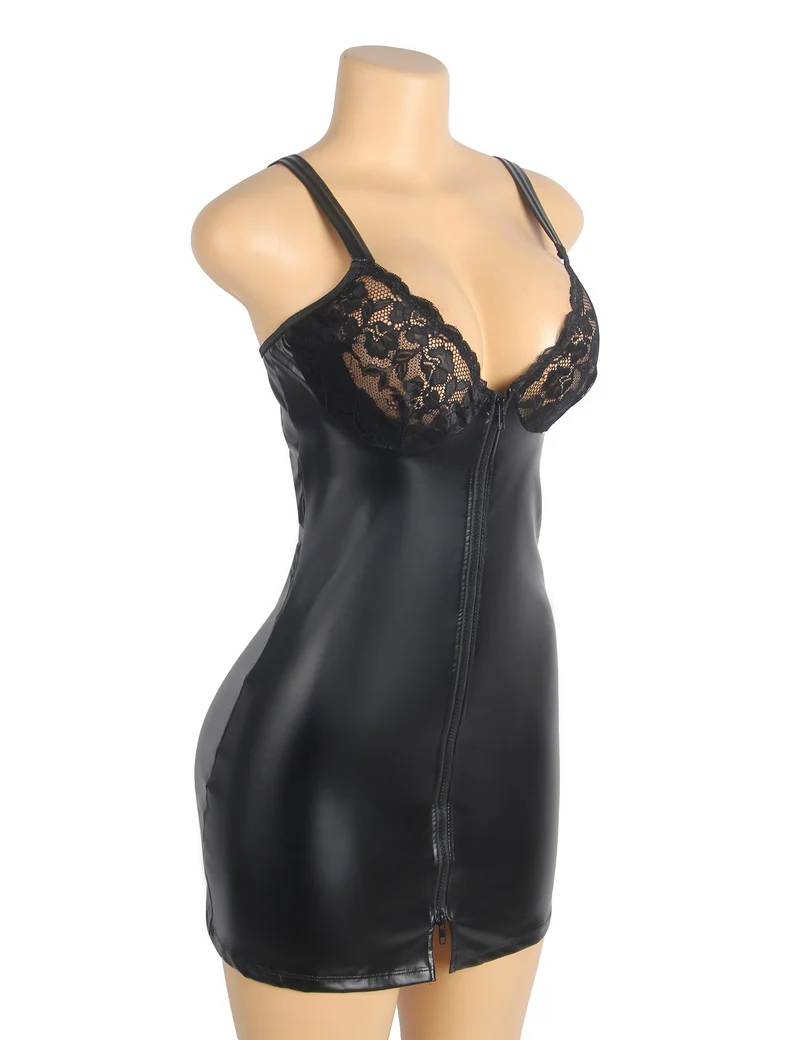 Schwarzes Minikleid aus PU-Leder mit Spitzeneinsatz im Brustbereich, Reißverschluss vorne und breiten, verstellbaren Trägern