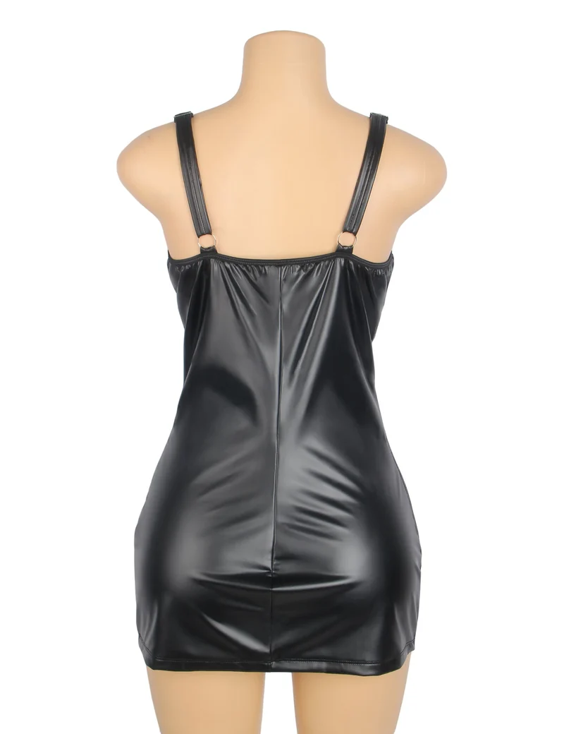 Schwarzes Minikleid aus PU-Leder mit Spitzeneinsatz im Brustbereich, Reißverschluss vorne und breiten, verstellbaren Trägern