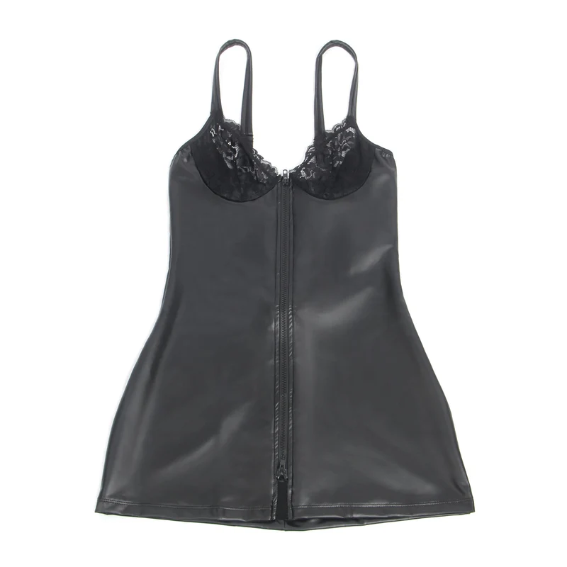 Schwarzes Minikleid aus PU-Leder mit Spitzeneinsatz im Brustbereich, Reißverschluss vorne und breiten, verstellbaren Trägern