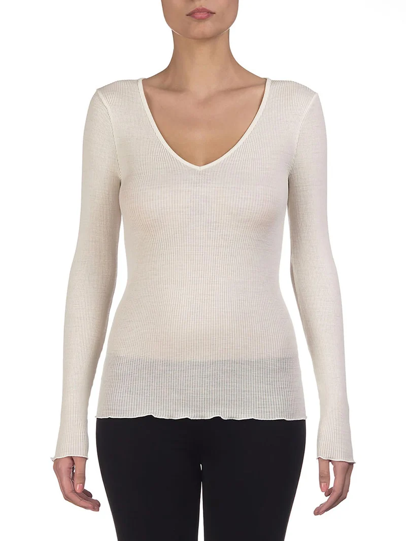 Shirt langarm, V-Neck, WOOL AND SILK