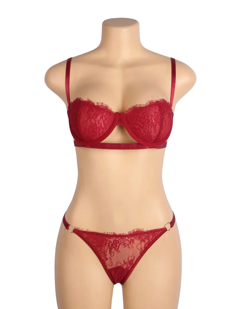 Rotes Wimpernspitzen-BH-Set mit Bügel, elastischem Unterbrustband und verstellbarem Rückenverschluss