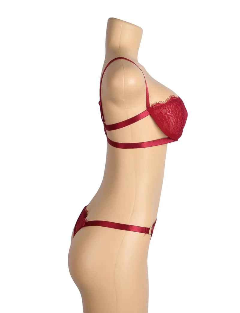 Rotes Wimpernspitzen-BH-Set mit Bügel, elastischem Unterbrustband und verstellbarem Rückenverschluss
