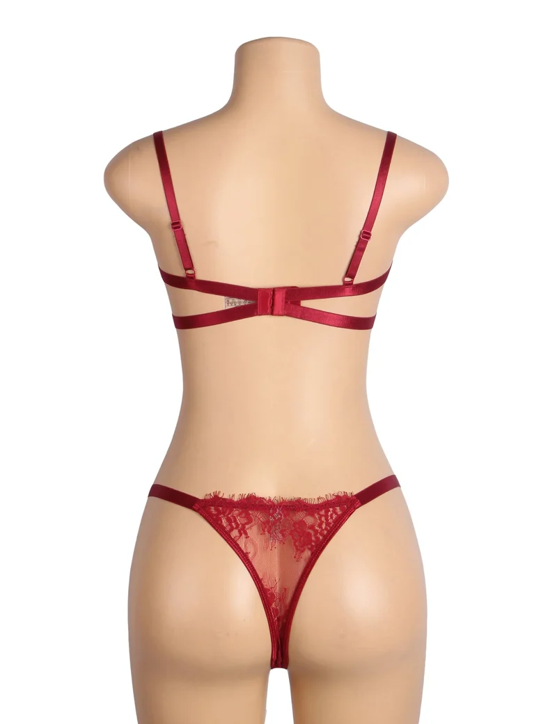 Rotes Wimpernspitzen-BH-Set mit Bügel, elastischem Unterbrustband und verstellbarem Rückenverschluss