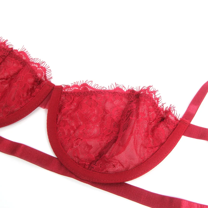 Rotes Wimpernspitzen-BH-Set mit Bügel, elastischem Unterbrustband und verstellbarem Rückenverschluss